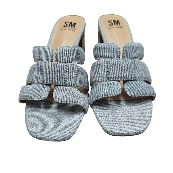 SM New York NWB Ina Denim Block Heel Sandals Open Toe Slip-On‎ Neutral Shoes - Picture 7 of 14
